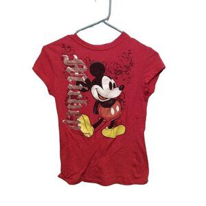 DISNEY Mickey Women Shirt Round Neck Short Sleeve Size M Red